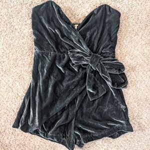 Green Velvet Wrap Romper Strapless with Bow XS